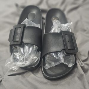 Black Slide Sandals with Buckle